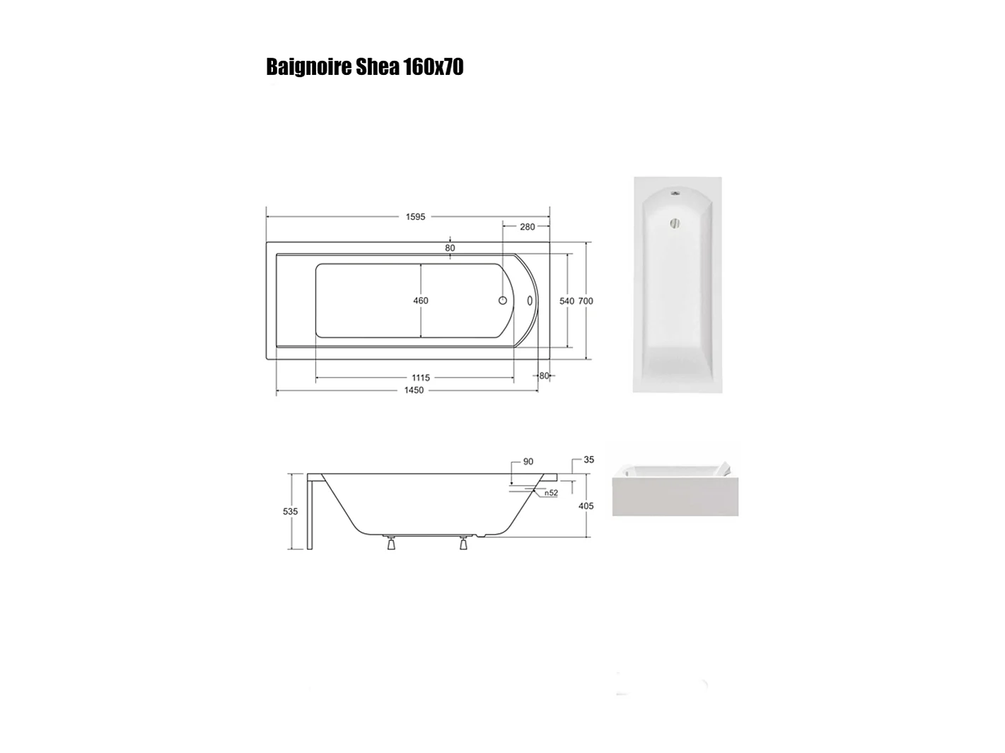 Baignoire Droite sans Tablier - 160 x 70 cm - SHEA SANS TABLIER - REPOSE-TÊTE OFFERT