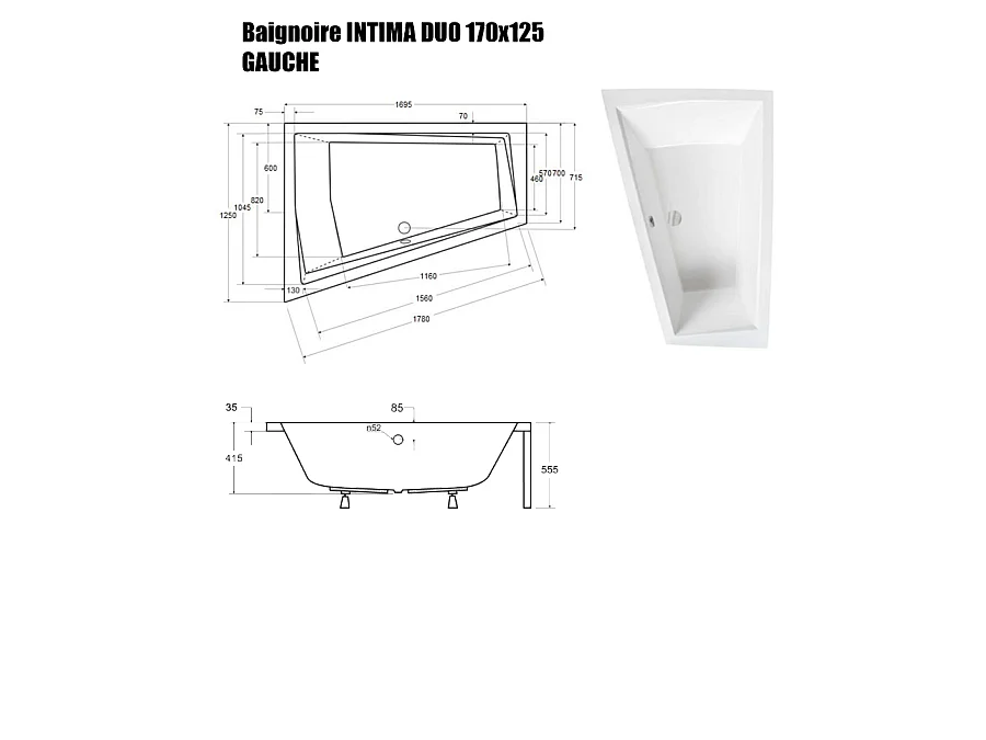 Baignoire Asymétrique sans Tablier - 170 x 125 cm - INTIMA DUO SANS TABLIER - GAUCHE - 2 REPOSE-TÊTES OFFERTS