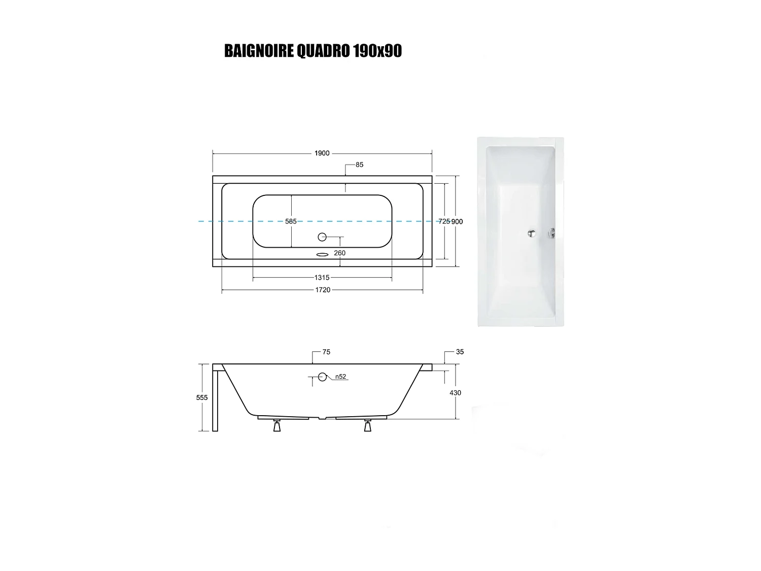 Baignoire Droite sans Tablier - 190 x 90 cm - QUADRO SANS TABLIER - REPOSE-TÊTE OFFERT