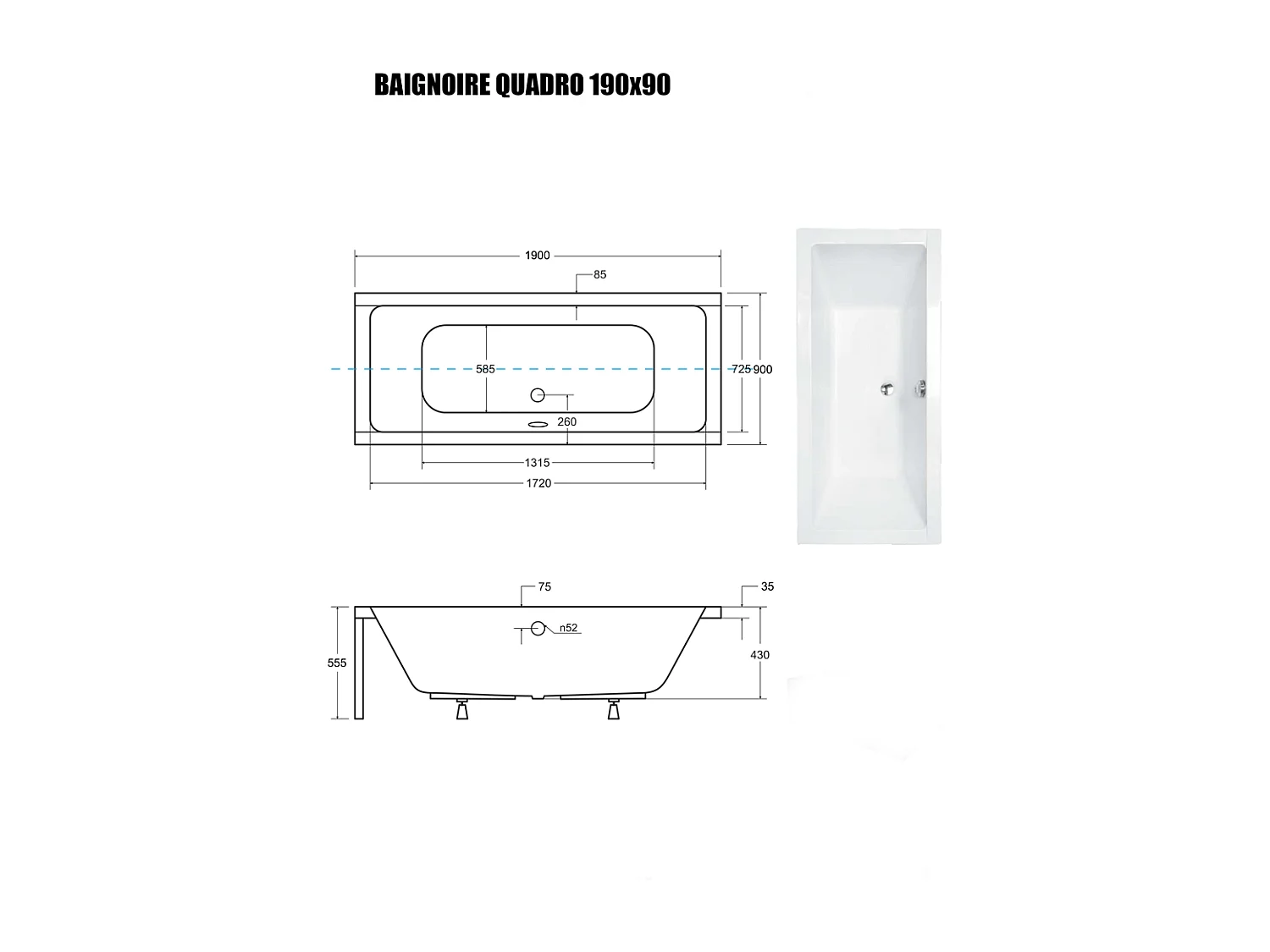 Baignoire Droite sans Tablier - 190 x 90 cm - QUADRO SANS TABLIER - REPOSE-TÊTE OFFERT