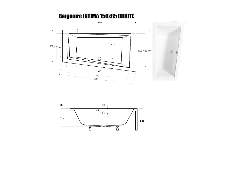 Baignoire Asymétrique sans Tablier - 150 x 85 cm - INTIMA SANS TABLIER - DROITE - avec Repose tête OFFERT