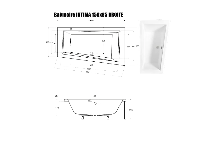 Baignoire Asymétrique sans Tablier - 150 x 85 cm - INTIMA SANS TABLIER - DROITE - avec Repose tête OFFERT