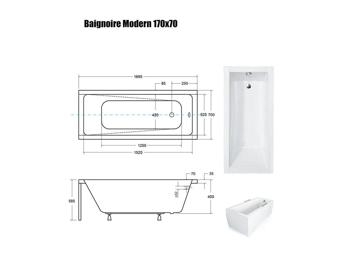 Baignoire Droite sans Tablier - 170 x 70 cm - MODERN SANS TABLIER - REPOSE-TÊTE OFFERT