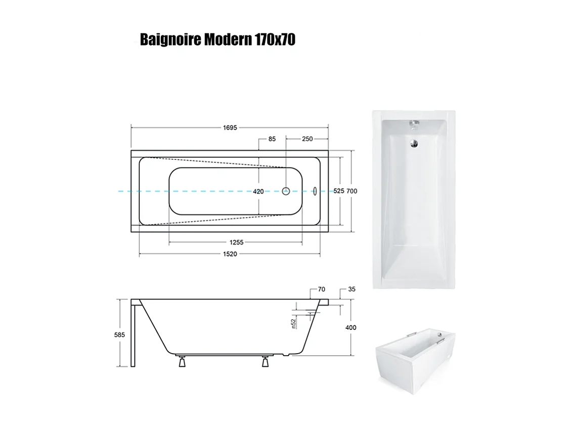 Baignoire Droite sans Tablier - 170 x 70 cm - MODERN SANS TABLIER - REPOSE-TÊTE OFFERT