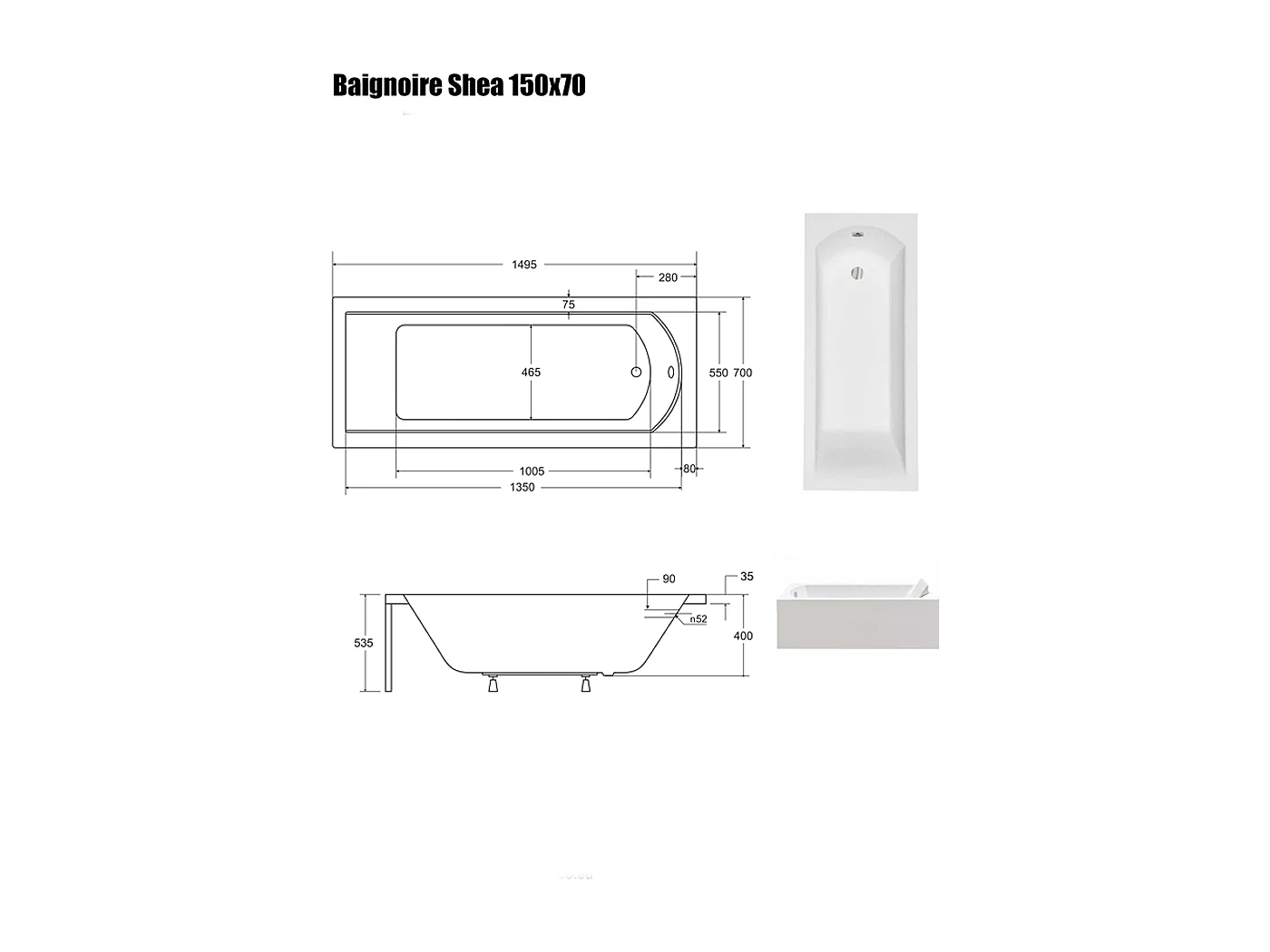 Baignoire Droite sans Tablier - 150 x 70 cm - SHEA SANS TABLIER - REPOSE-TÊTE OFFERT