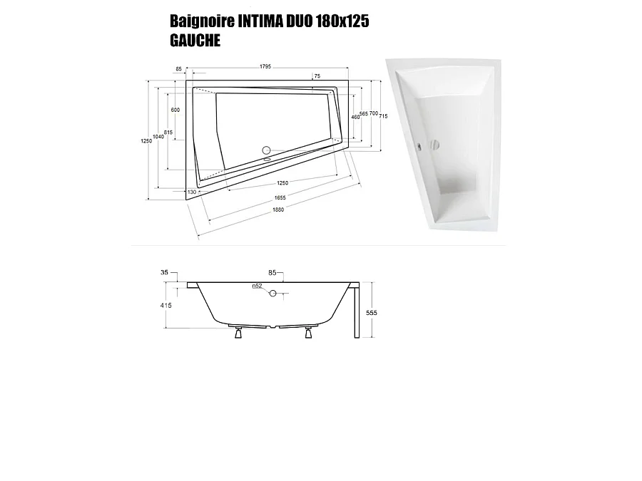 Baignoire Asymétrique sans Tablier - 180 x 125 cm - INTIMA DUO SANS TABLIER - GAUCHE - 2 REPOSE-TÊTES OFFERTS