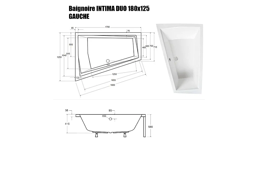 Baignoire Asymétrique sans Tablier - 180 x 125 cm - INTIMA DUO SANS TABLIER - GAUCHE - 2 REPOSE-TÊTES OFFERTS