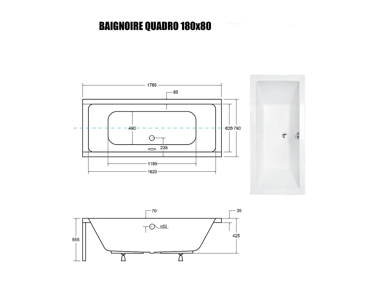 Baignoire Droite sans Tablier - 180 x 80 cm - QUADRO SANS TABLIER - REPOSE-TÊTE OFFERT