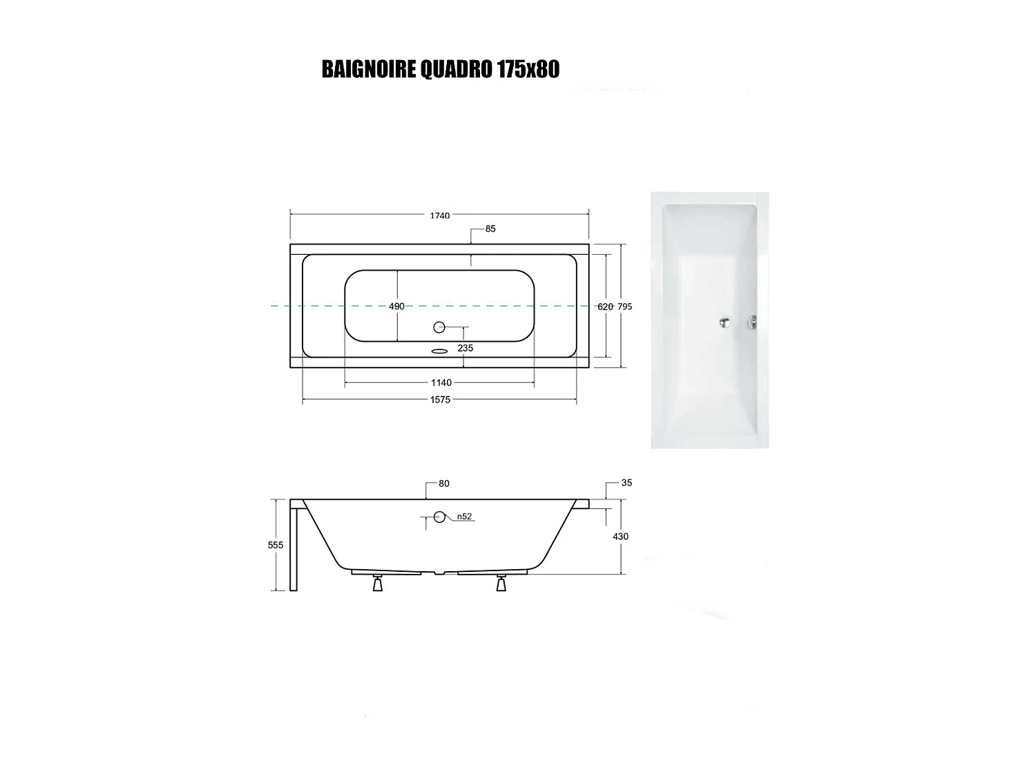 Baignoire Droite sans Tablier - 175 x 80 cm - QUADRO SANS TABLIER - REPOSE-TÊTE OFFERT