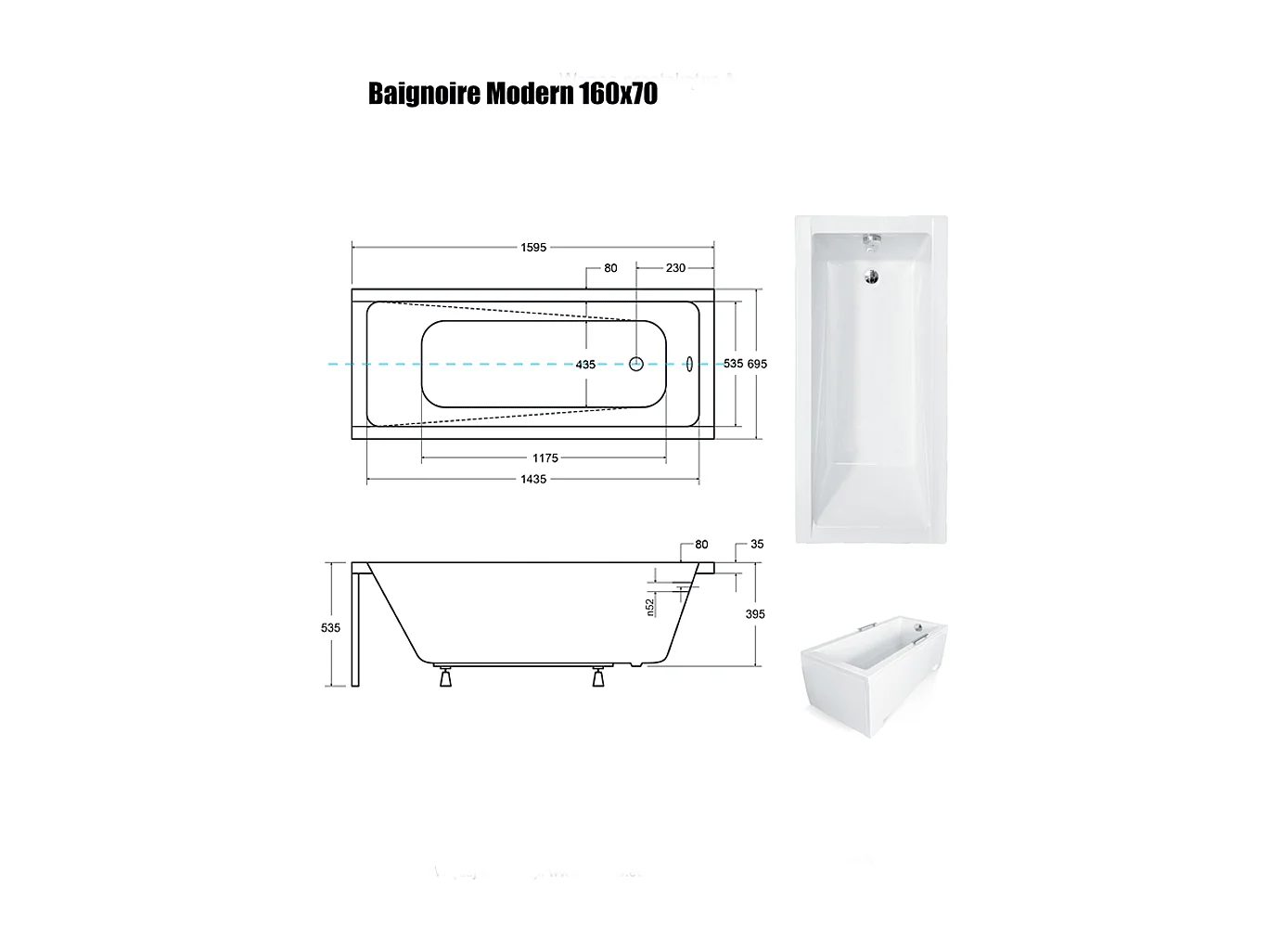 Baignoire Droite sans Tablier - 160 x 70 cm - MODERN SANS TABLIER - REPOSE-TÊTE OFFERT