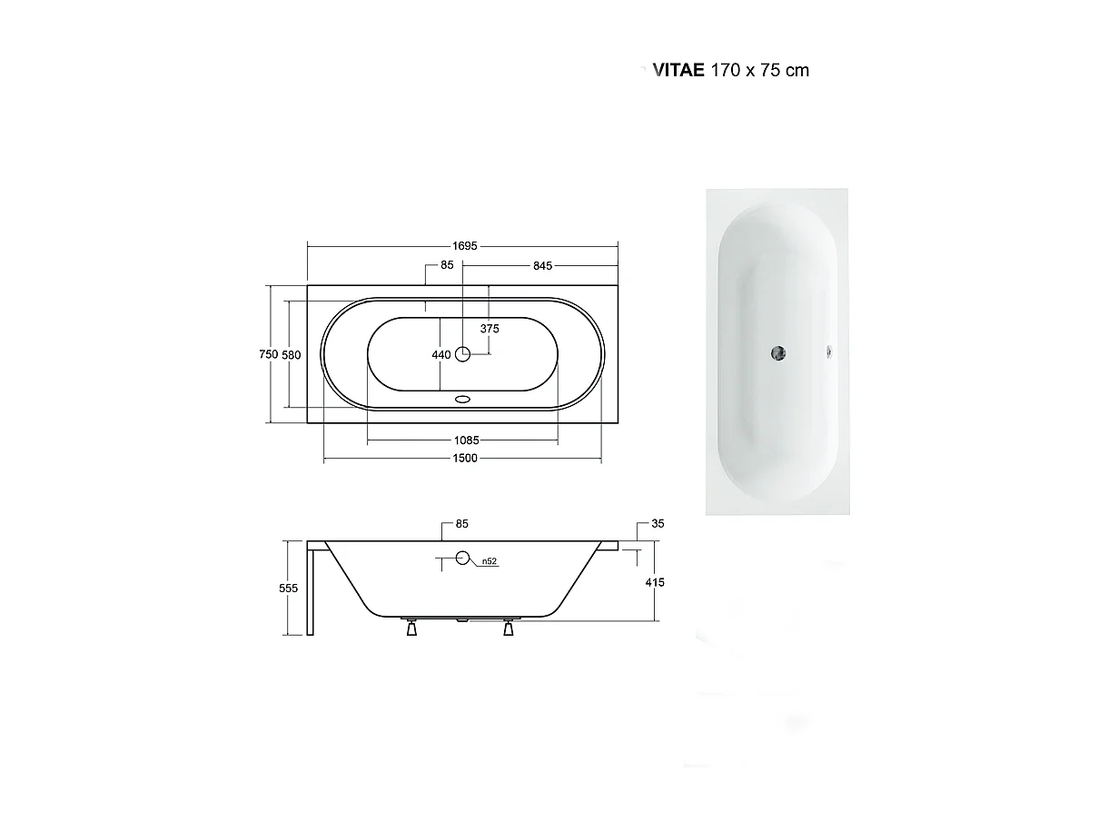 Baignoire Droite sans Tablier - 170 x 75 cm - VITAE SANS TABLIER - REPOSE-TÊTE OFFERT