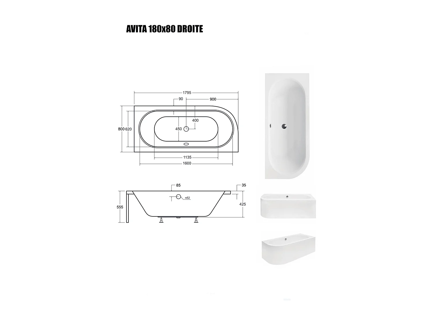 Baignoire Asymétrique sans Tablier - 180 x 80 cm - AVITA SANS TABLIER - DROITE - 1 REPOSE-TÊTE OFFERT