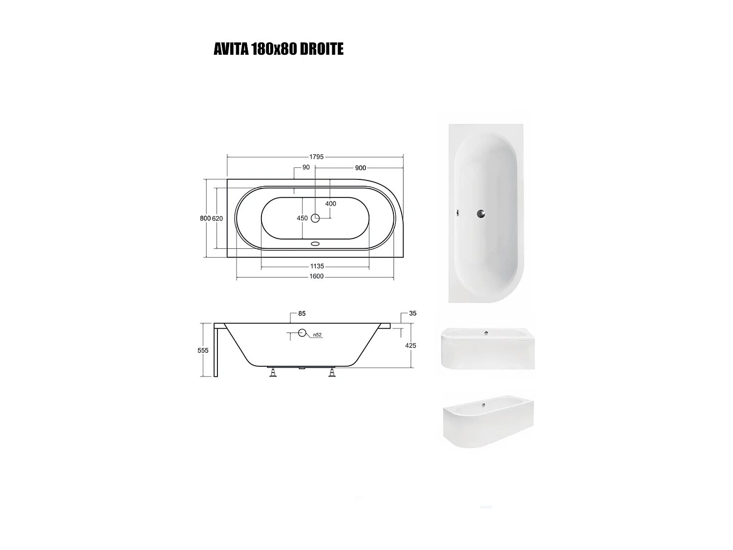 Baignoire Asymétrique sans Tablier - 180 x 80 cm - AVITA SANS TABLIER - DROITE - 1 REPOSE-TÊTE OFFERT