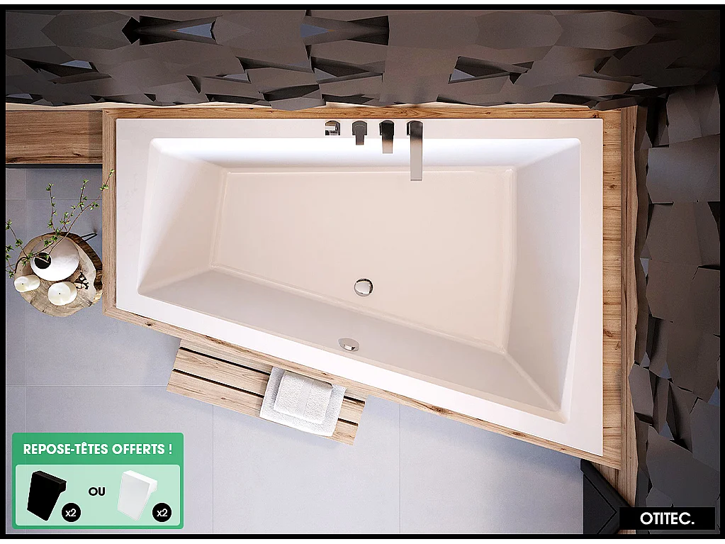 Baignoire Asymétrique sans Tablier - 170 x 125 cm - INTIMA DUO SANS TABLIER - DROITE - 2 REPOSE-TÊTES OFFERTS