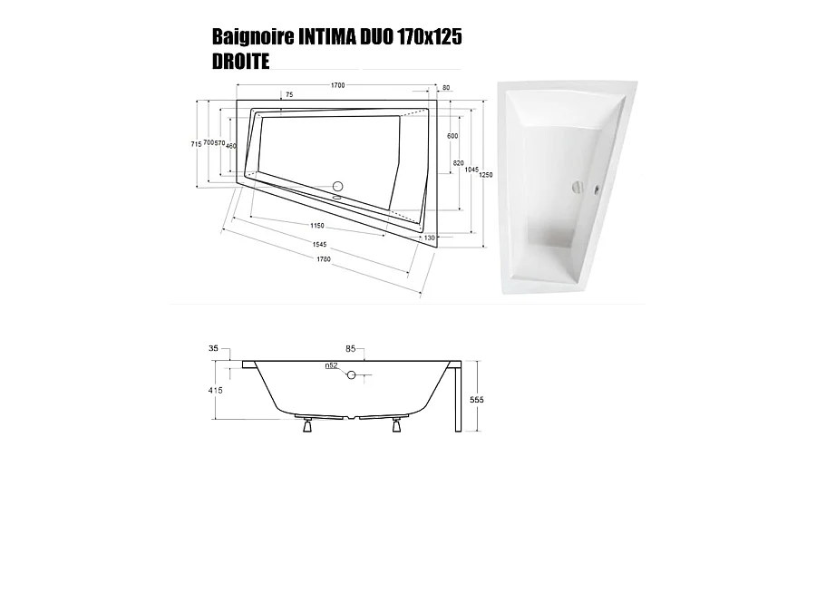 Baignoire Asymétrique sans Tablier - 170 x 125 cm - INTIMA DUO SANS TABLIER - DROITE - 2 REPOSE-TÊTES OFFERTS