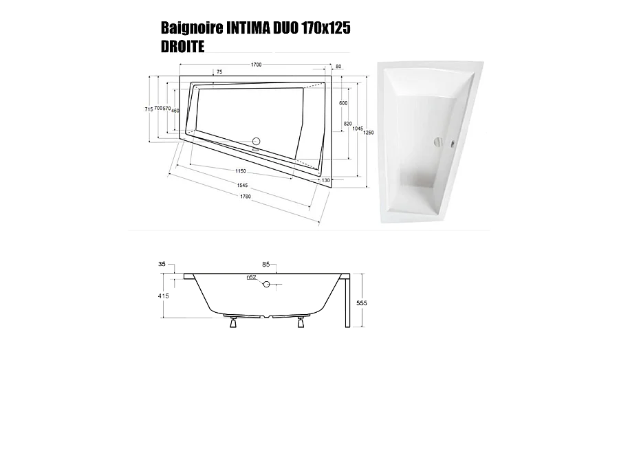 Baignoire Asymétrique sans Tablier - 170 x 125 cm - INTIMA DUO SANS TABLIER - DROITE - 2 REPOSE-TÊTES OFFERTS