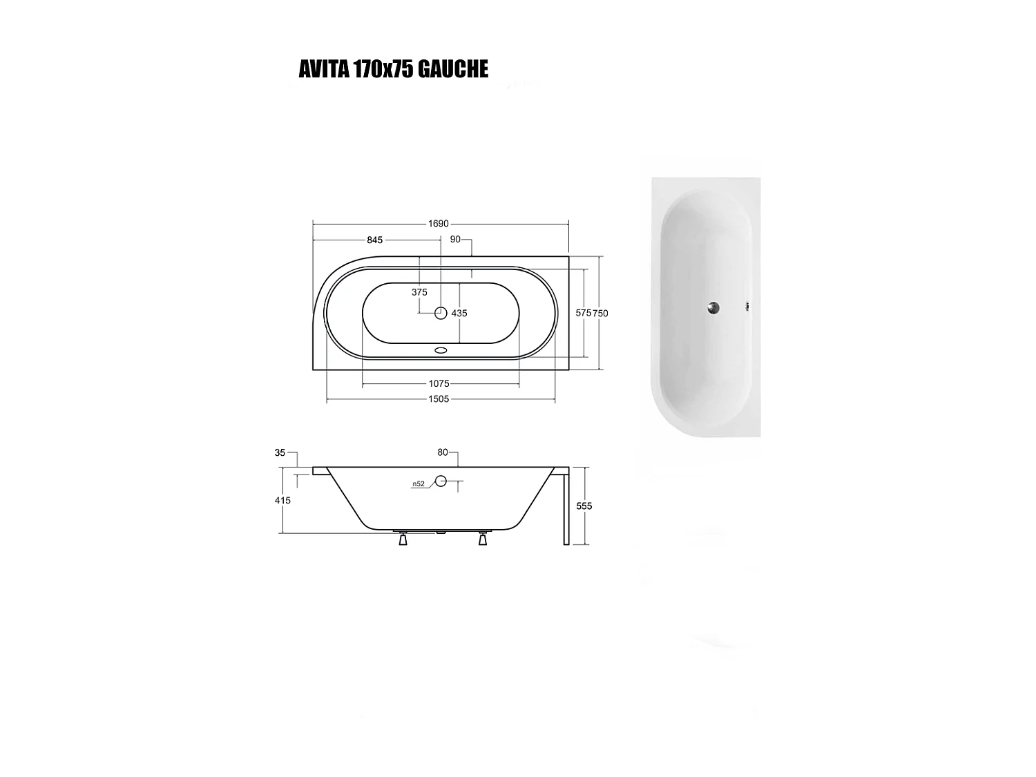 Baignoire Asymétrique sans Tablier - 170 x 75 cm - AVITA SANS TABLIER - GAUCHE - 1 REPOSE-TÊTE OFFERT