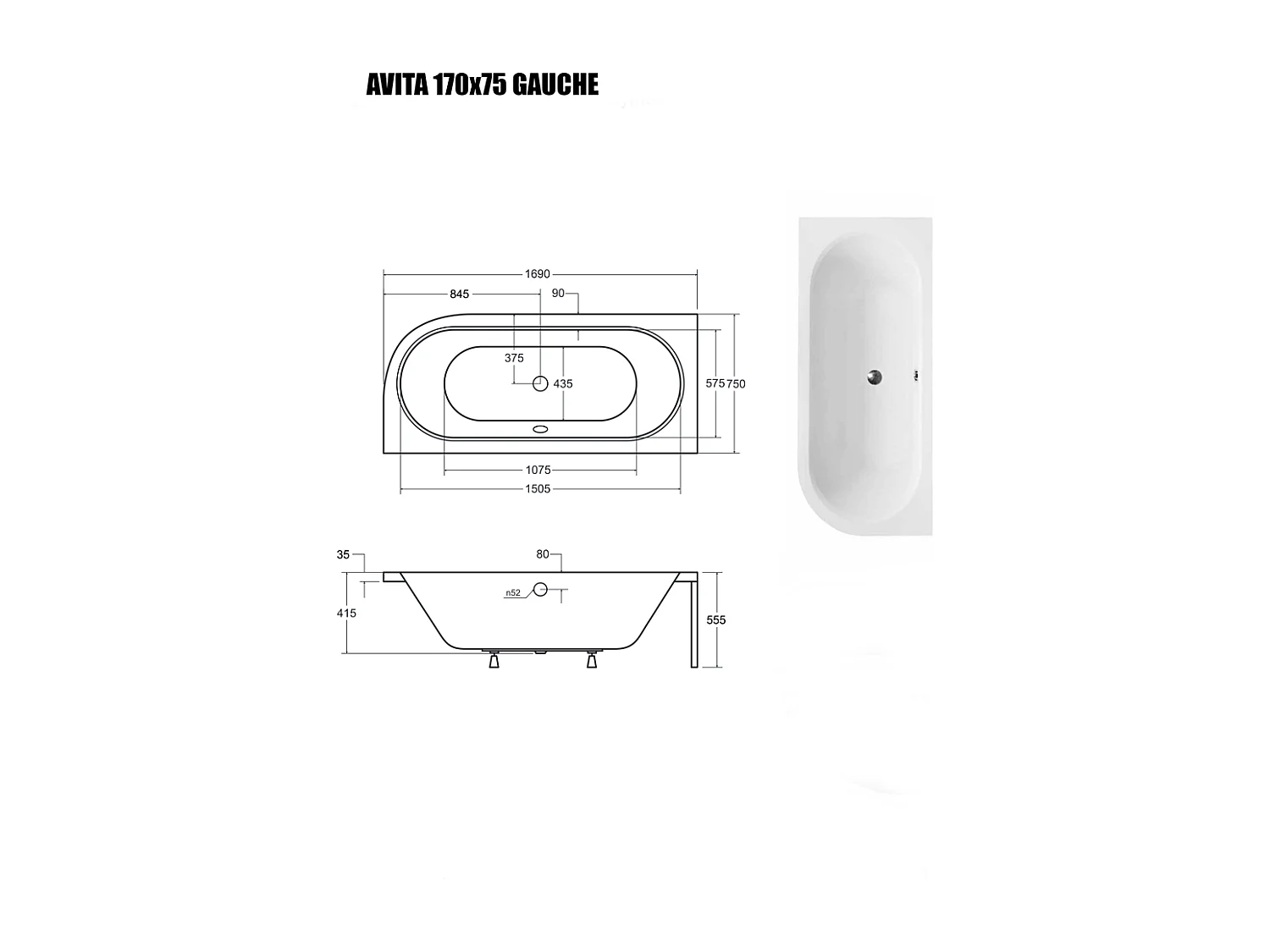 Baignoire Asymétrique sans Tablier - 170 x 75 cm - AVITA SANS TABLIER - GAUCHE - 1 REPOSE-TÊTE OFFERT