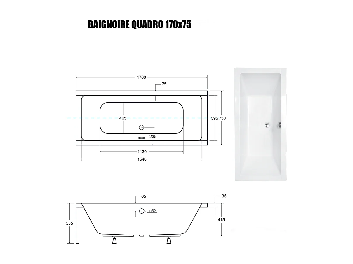 Baignoire Droite sans Tablier - 170 x 75 cm - QUADRO SANS TABLIER - REPOSE-TÊTE OFFERT