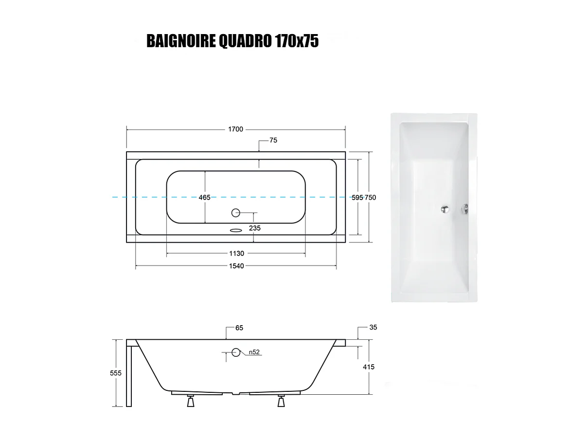 Baignoire Droite sans Tablier - 170 x 75 cm - QUADRO SANS TABLIER - REPOSE-TÊTE OFFERT