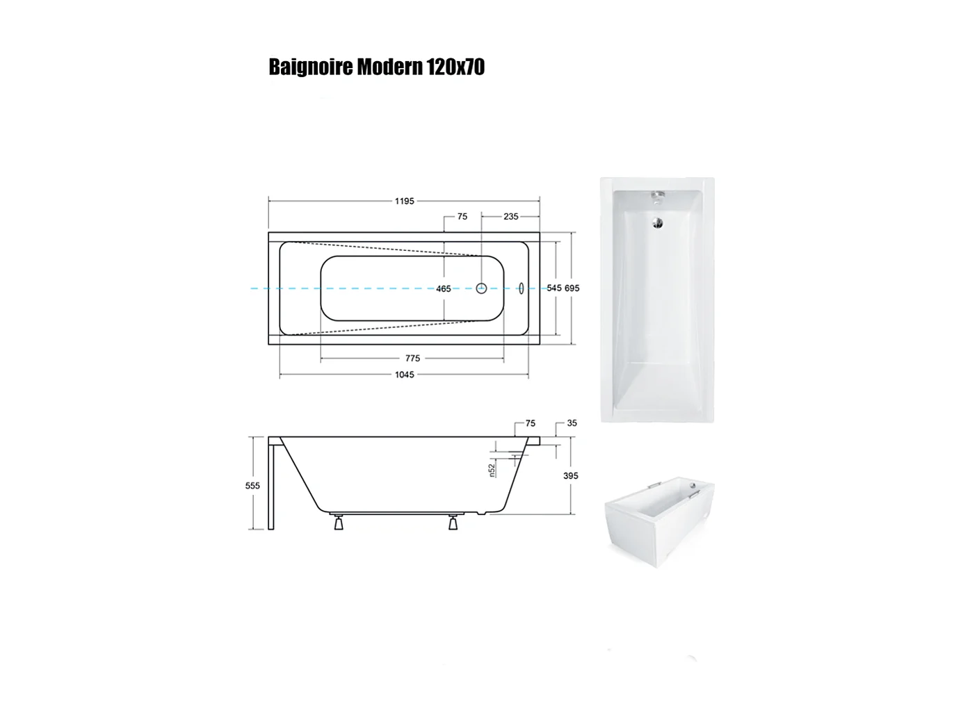 Baignoire Droite sans Tablier - 120 x 70 cm - MODERN SANS TABLIER - REPOSE-TÊTE OFFERT