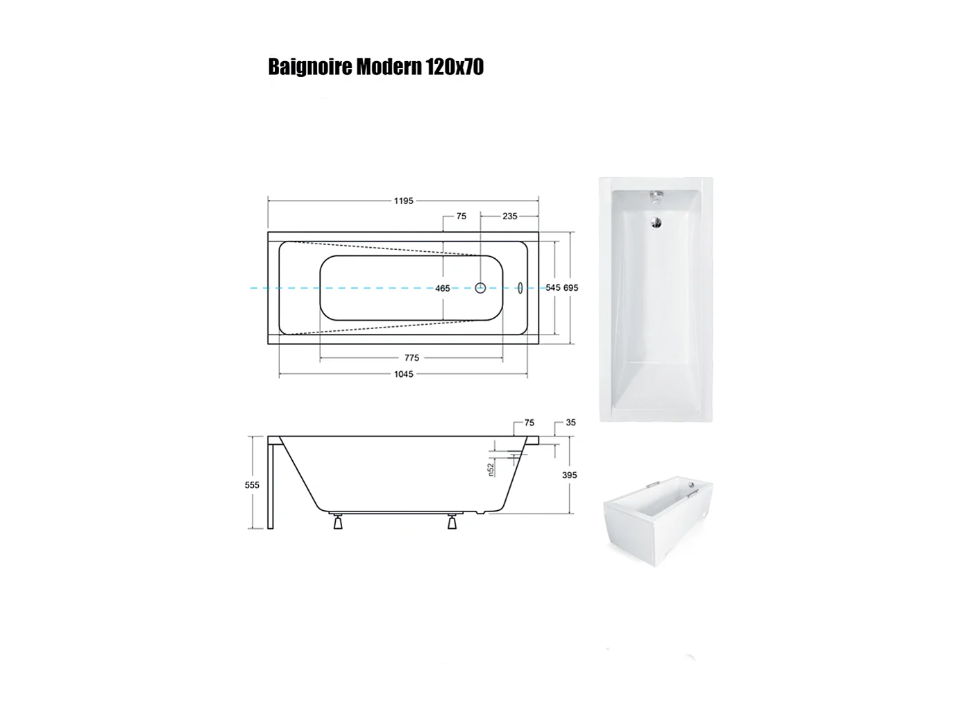 Baignoire Droite sans Tablier - 120 x 70 cm - MODERN SANS TABLIER - REPOSE-TÊTE OFFERT