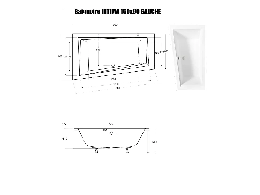 Baignoire Asymétrique sans Tablier - 160 x 90 cm - INTIMA SANS TABLIER - GAUCHE - avec Repose tête OFFERT