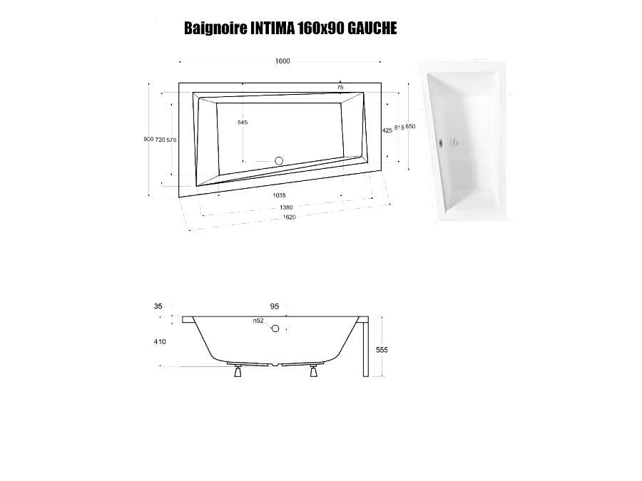 Baignoire Asymétrique sans Tablier - 160 x 90 cm - INTIMA SANS TABLIER - GAUCHE - avec Repose tête OFFERT