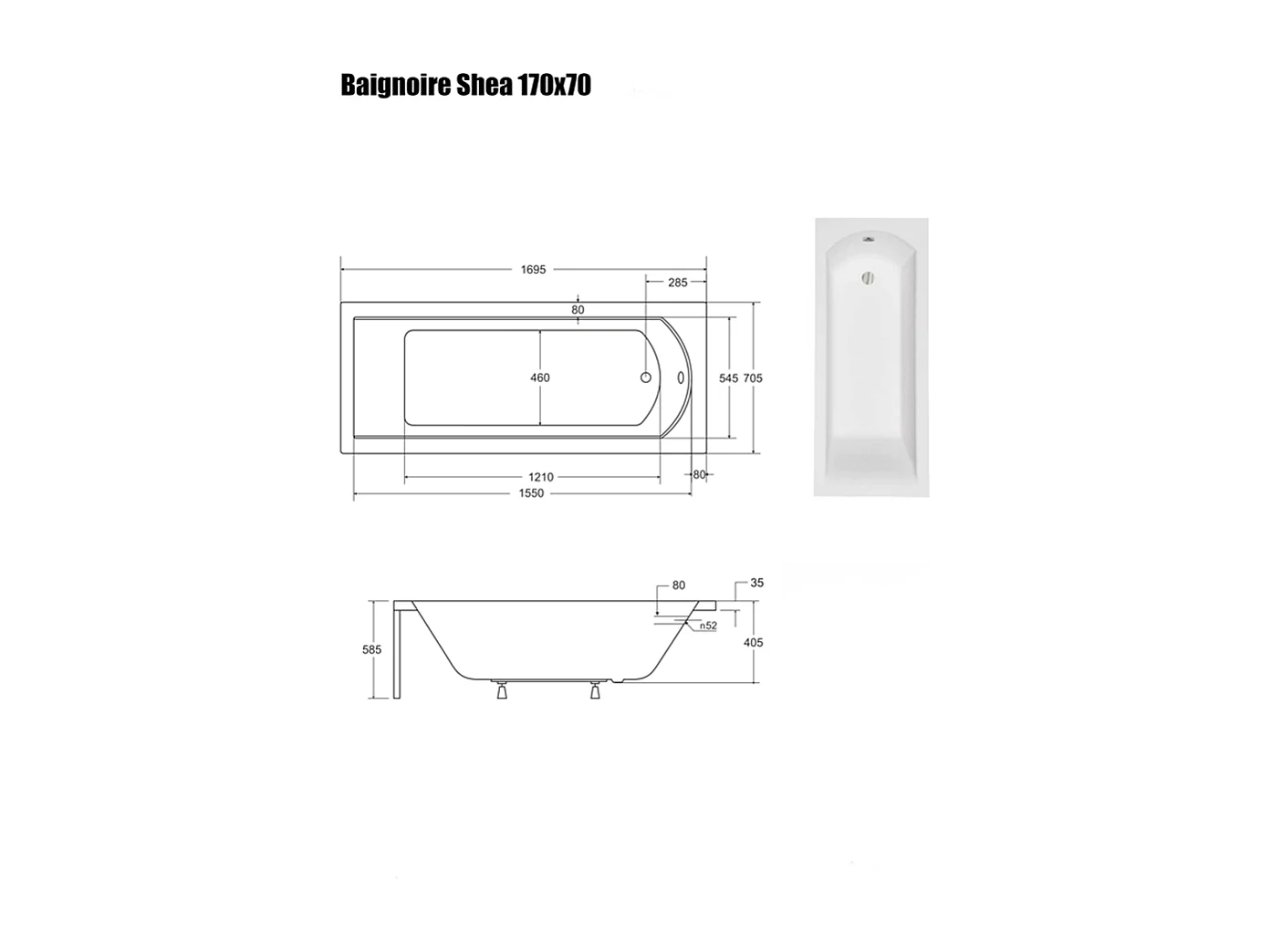 Baignoire Droite sans Tablier - 170 x 70 cm - SHEA SANS TABLIER - REPOSE-TÊTE OFFERT