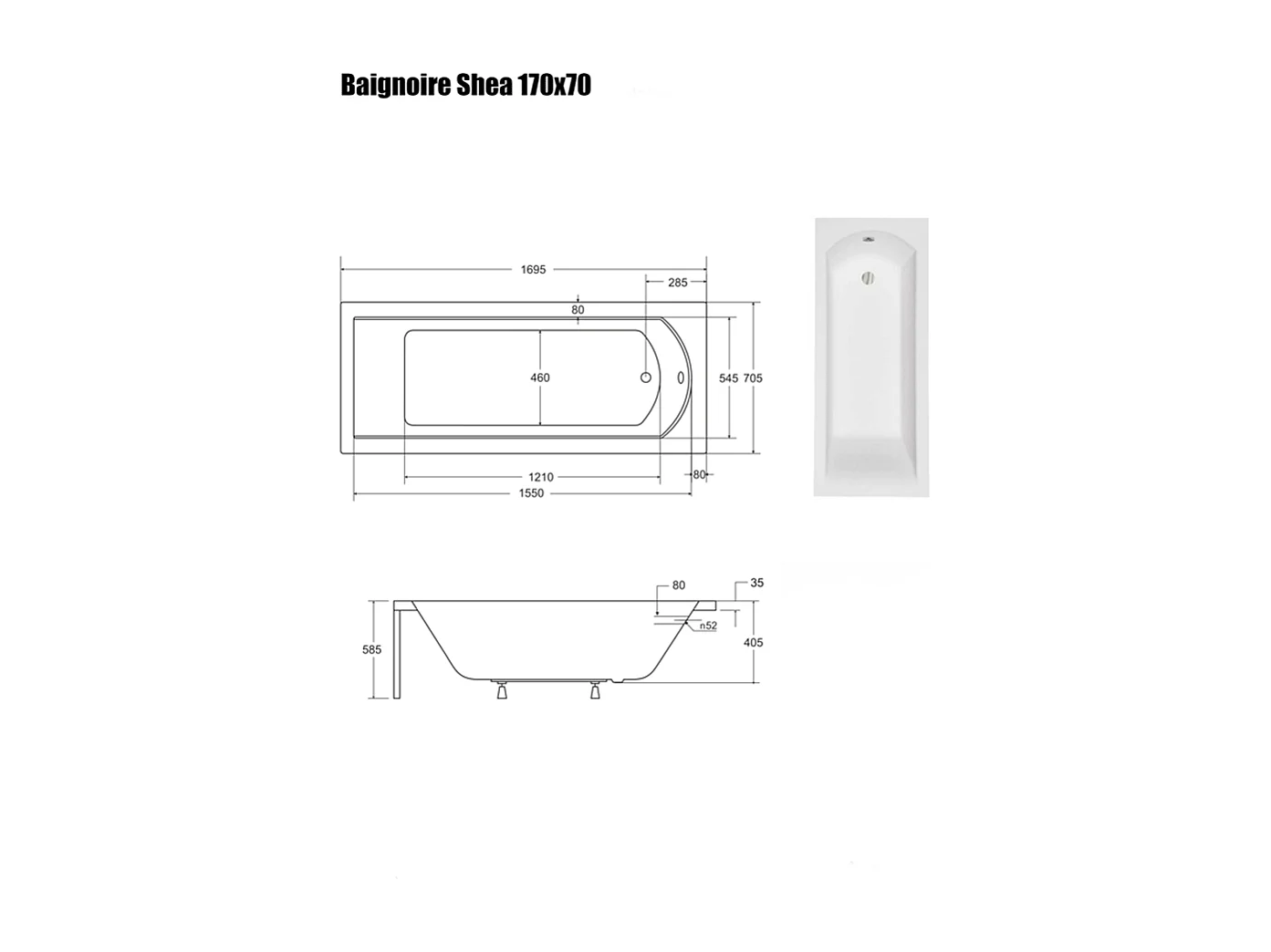 Baignoire Droite sans Tablier - 170 x 70 cm - SHEA SANS TABLIER - REPOSE-TÊTE OFFERT