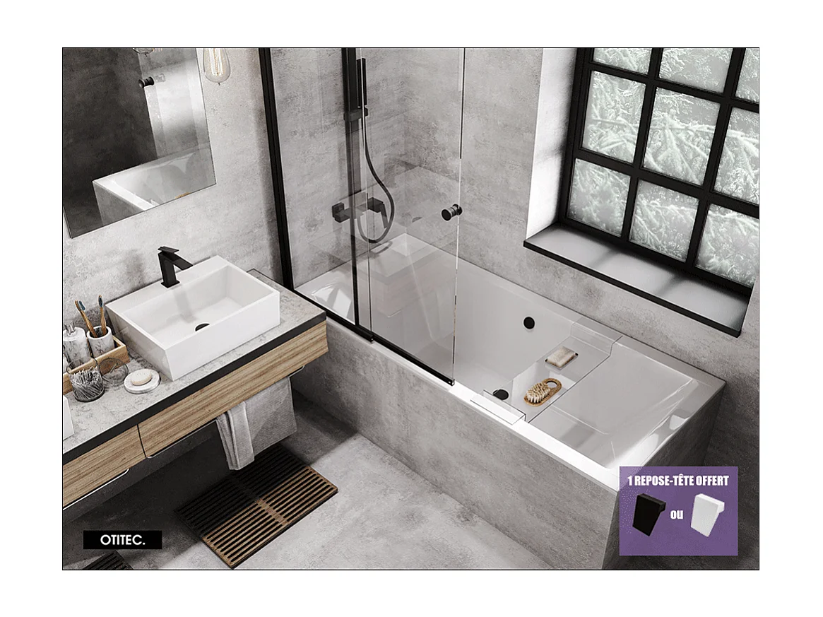 Baignoire Droite sans Tablier - 165 x 75 cm - QUADRO SANS TABLIER - REPOSE-TÊTE OFFERT