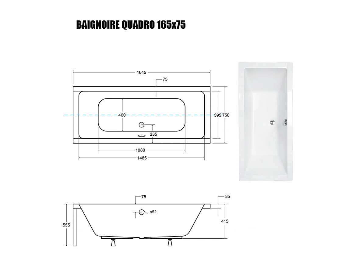 Baignoire Droite sans Tablier - 165 x 75 cm - QUADRO SANS TABLIER - REPOSE-TÊTE OFFERT