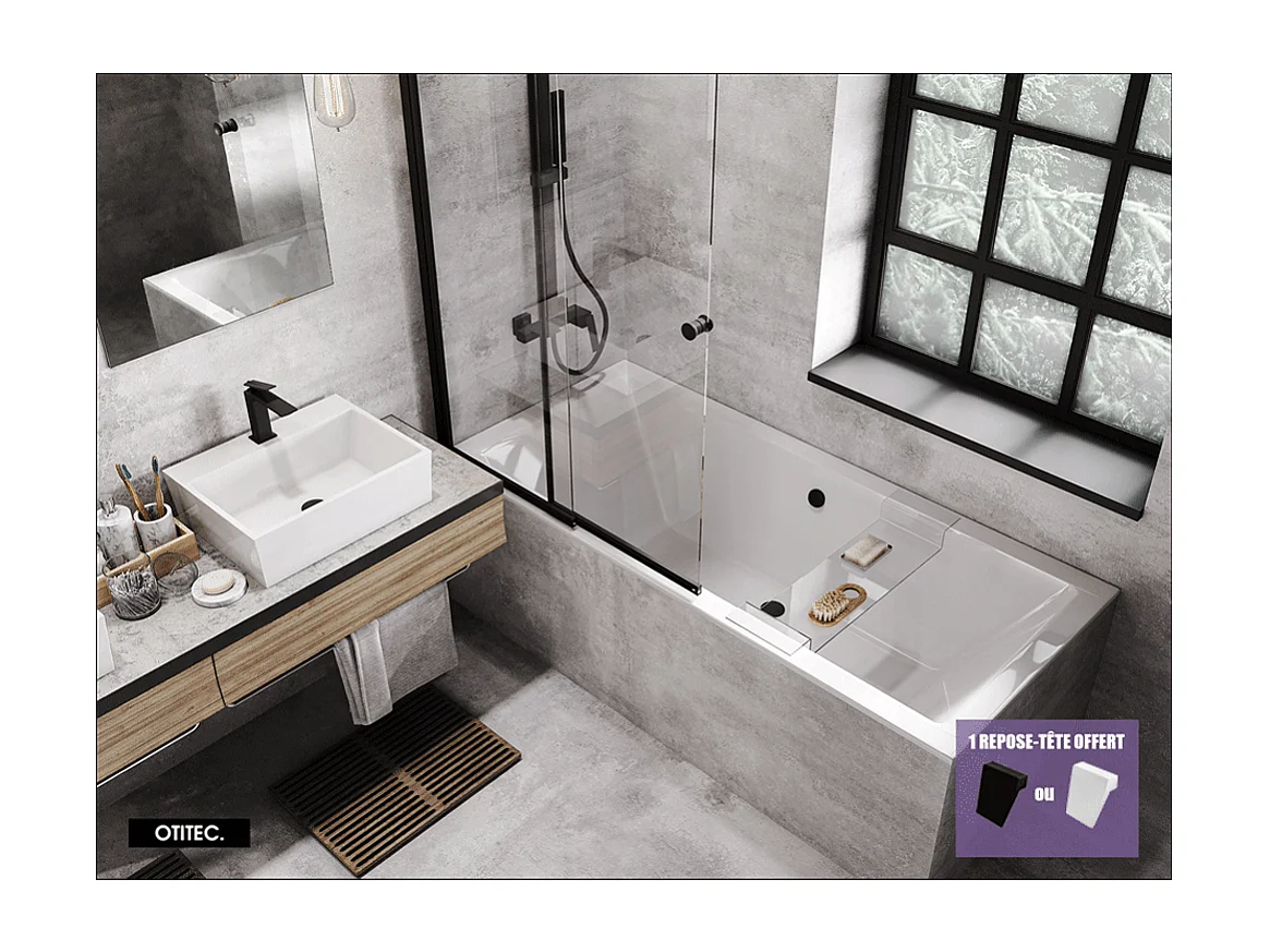 Baignoire Droite sans Tablier - 165 x 75 cm - QUADRO SANS TABLIER - REPOSE-TÊTE OFFERT