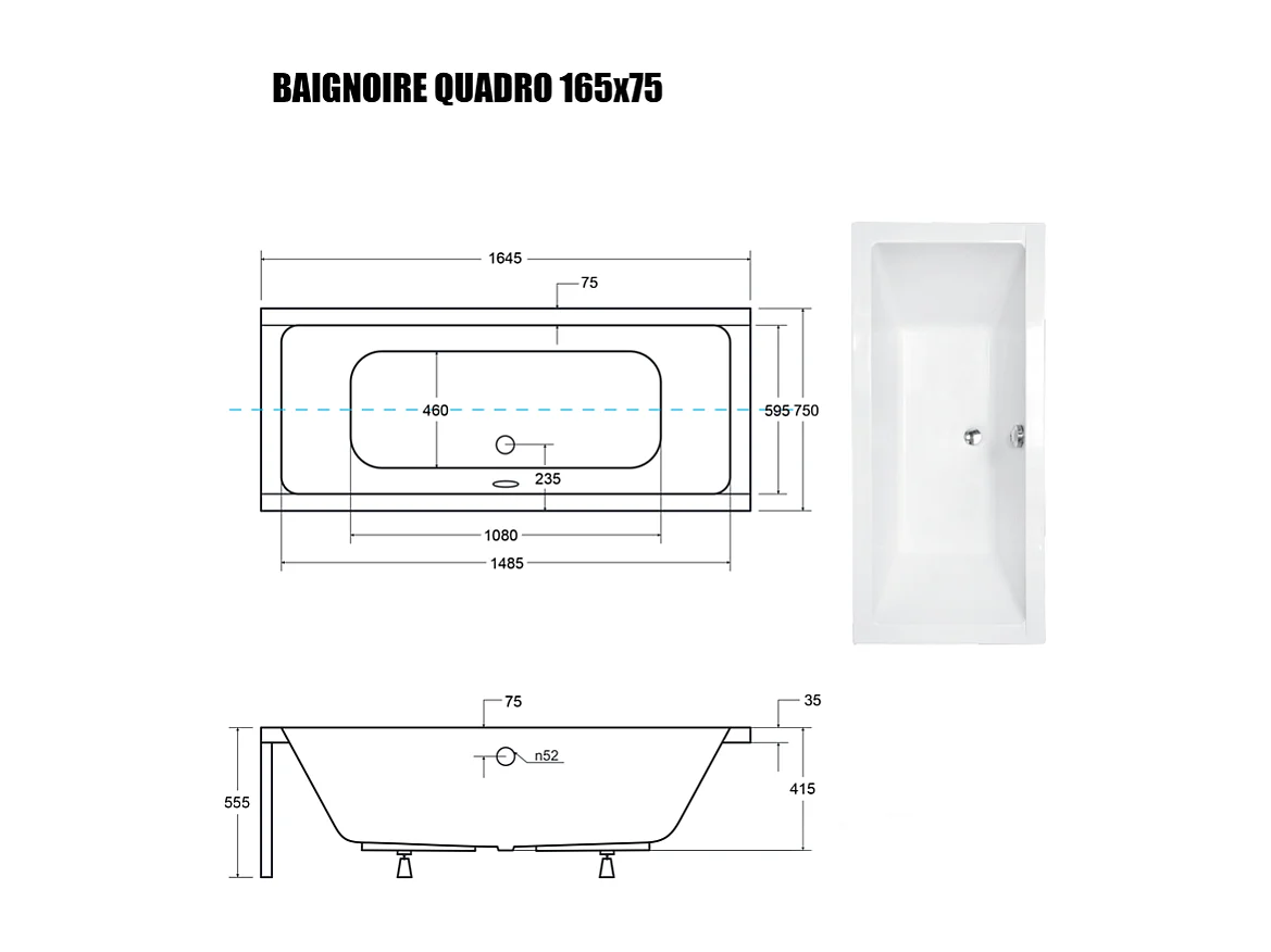 Baignoire Droite sans Tablier - 165 x 75 cm - QUADRO SANS TABLIER - REPOSE-TÊTE OFFERT