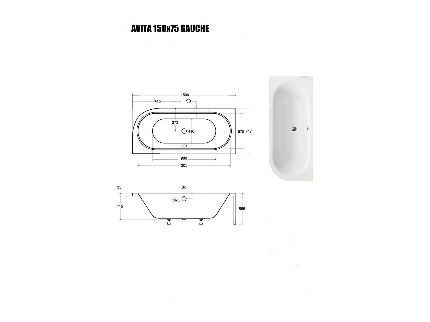 Baignoire Asymétrique sans Tablier - 150 x 75 cm - AVITA SANS TABLIER - GAUCHE - 1 REPOSE-TÊTE OFFERT