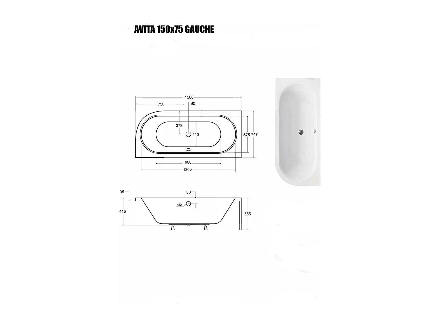 Baignoire Asymétrique sans Tablier - 150 x 75 cm - AVITA SANS TABLIER - GAUCHE - 1 REPOSE-TÊTE OFFERT