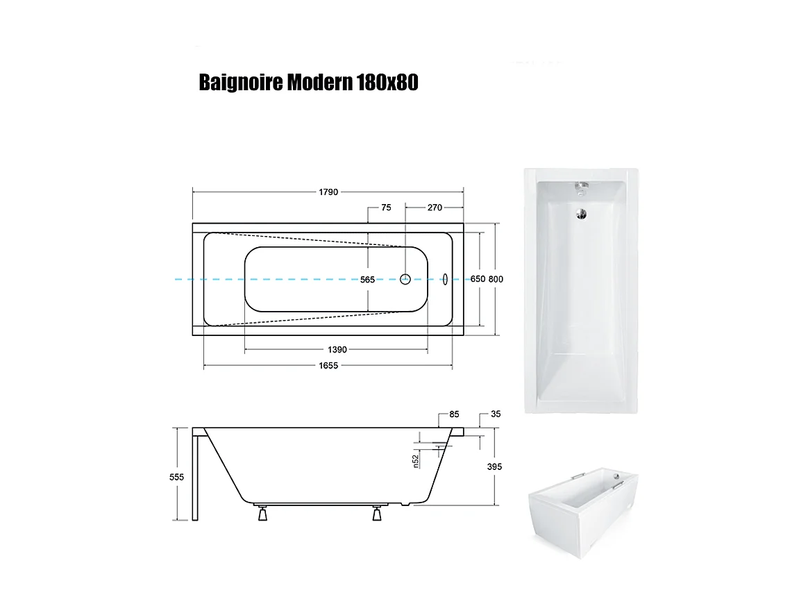 Baignoire Droite sans Tablier - 180 x 80 cm - MODERN SANS TABLIER - REPOSE-TÊTE OFFERT