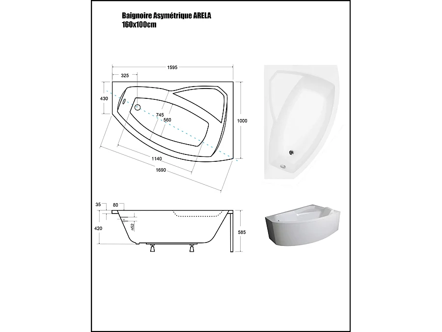 Baignoire Asymétrique avec Tablier - 160 x 100 cm - ARELA - DROITE - avec Repose Tête OFFERT