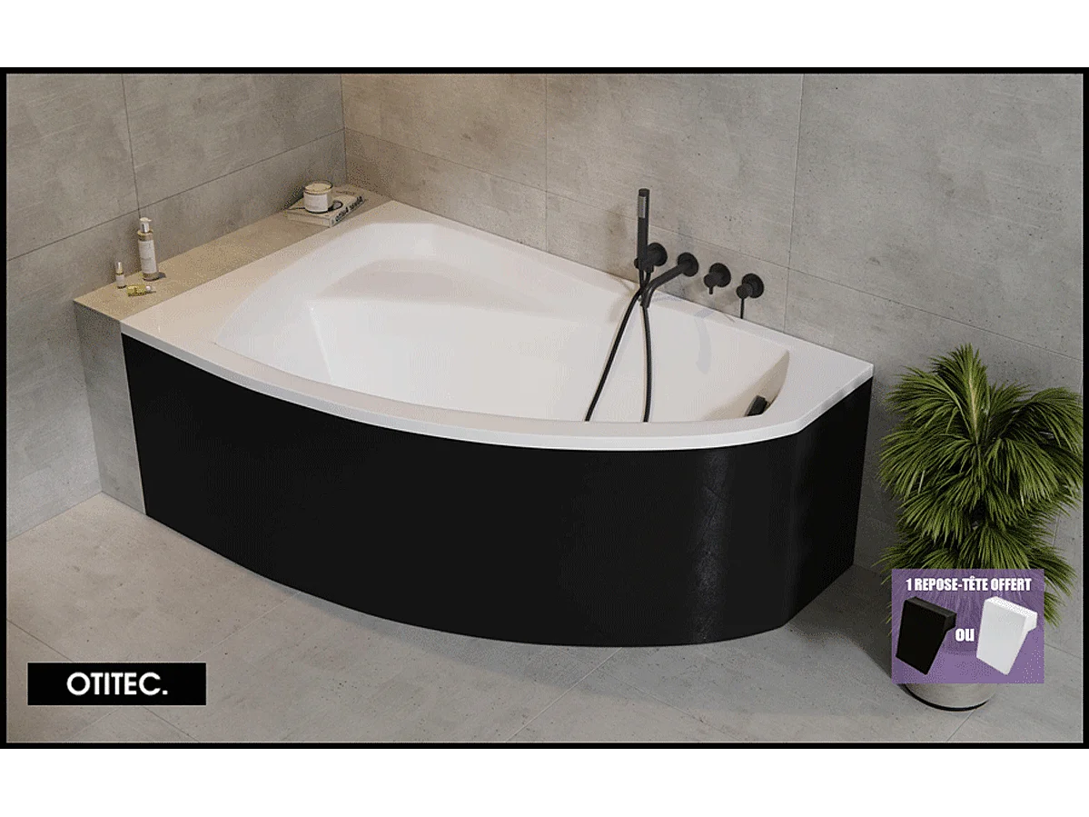 Baignoire Asymétrique avec Tablier Noir - 130 x 85 cm - ARELA - GAUCHE - avec Repose Tête OFFERT