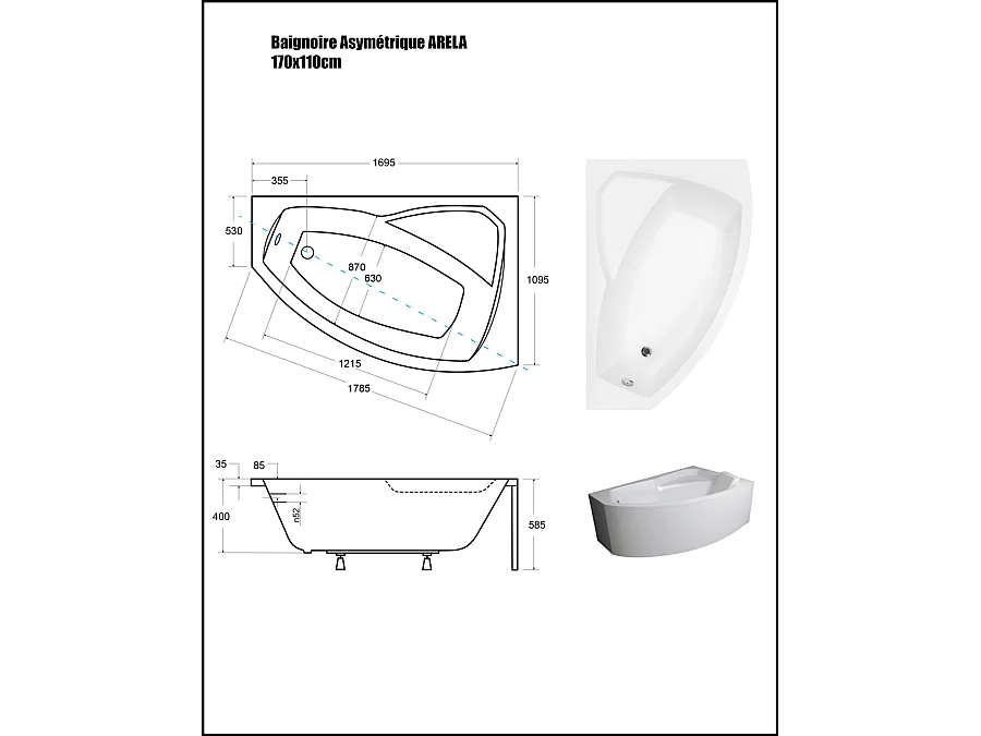 Baignoire Asymétrique avec Tablier - 170 x 110 cm - ARELA - DROITE - avec Repose Tête OFFERT