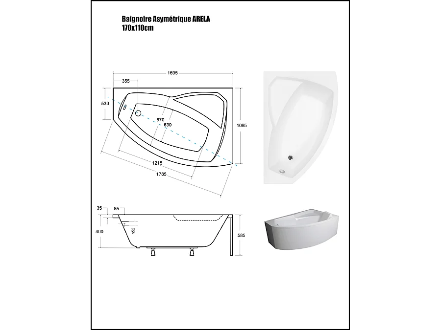 Baignoire Asymétrique avec Tablier - 170 x 110 cm - ARELA - DROITE - avec Repose Tête OFFERT
