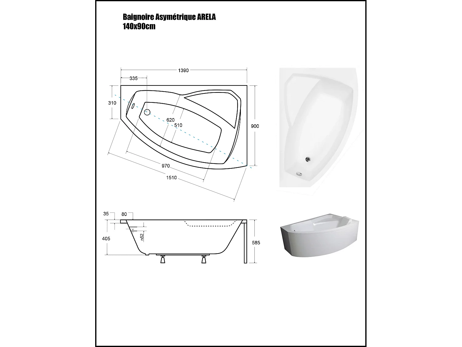 Baignoire Asymétrique avec Tablier - 140 x 90 cm - ARELA - DROITE - avec Repose Tête OFFERT