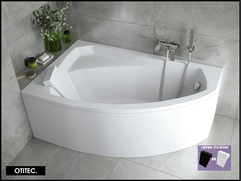 Baignoire Asymétrique avec Tablier - 150 x 95 cm - ARELA - GAUCHE - avec Repose Tête OFFERT