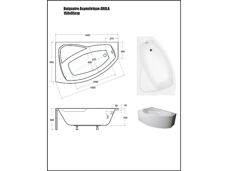 Baignoire Asymétrique avec Tablier - 150 x 95 cm - ARELA - GAUCHE - avec Repose Tête OFFERT