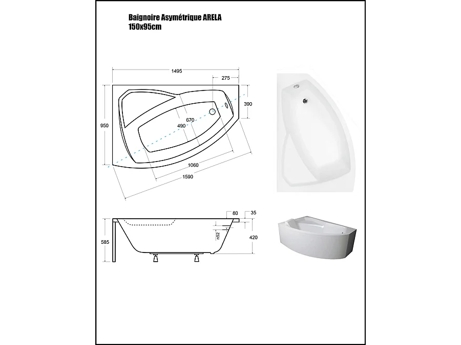 Baignoire Asymétrique avec Tablier - 150 x 95 cm - ARELA - GAUCHE - avec Repose Tête OFFERT