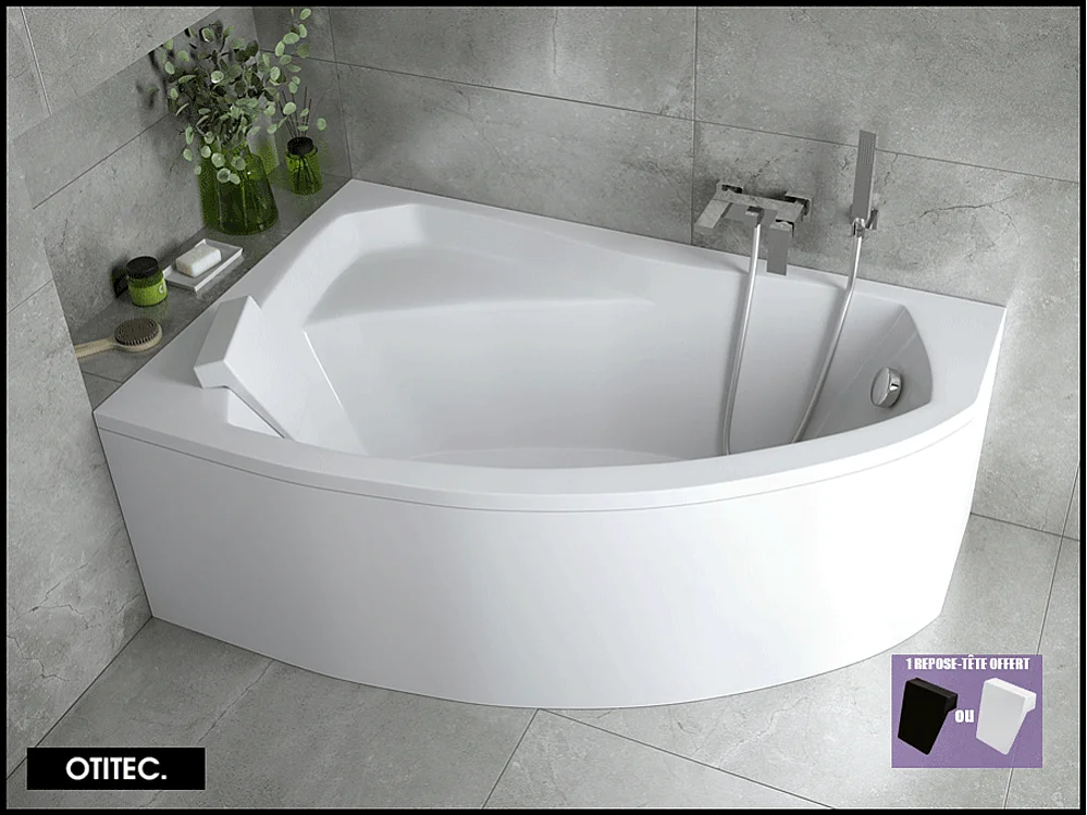 Baignoire Asymétrique avec Tablier - 130 x 85 cm - ARELA - GAUCHE - avec Repose Tête OFFERT