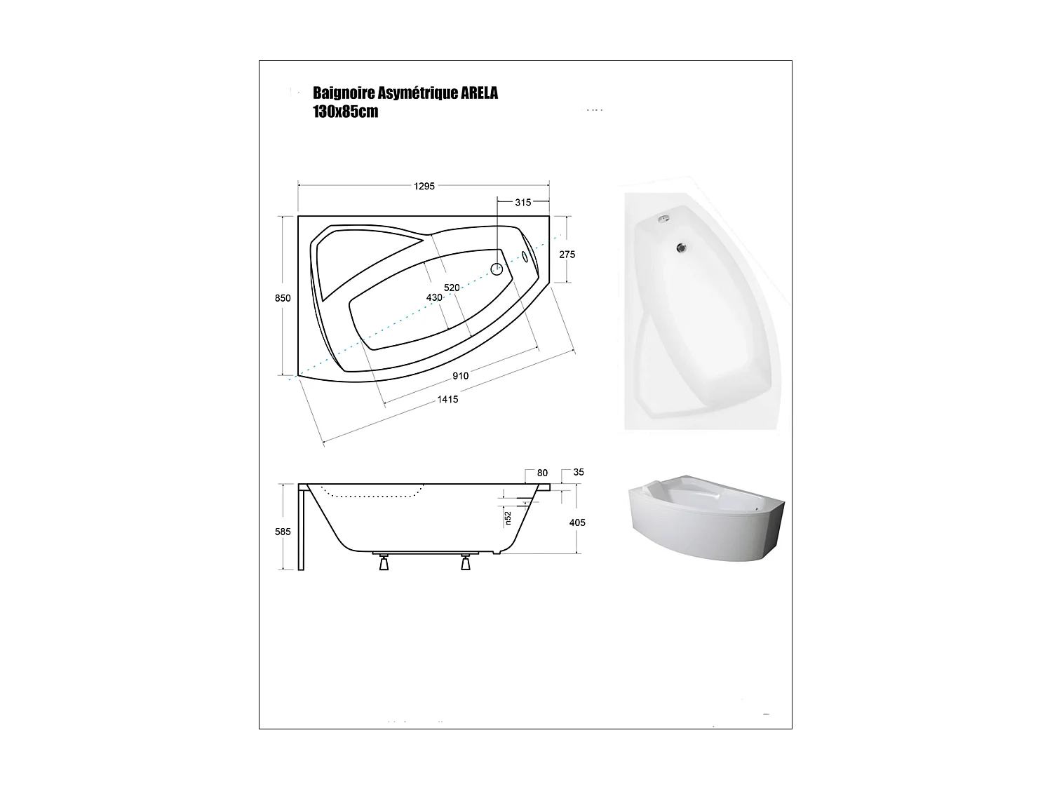 Baignoire Asymétrique avec Tablier - 130 x 85 cm - ARELA - GAUCHE - avec Repose Tête OFFERT