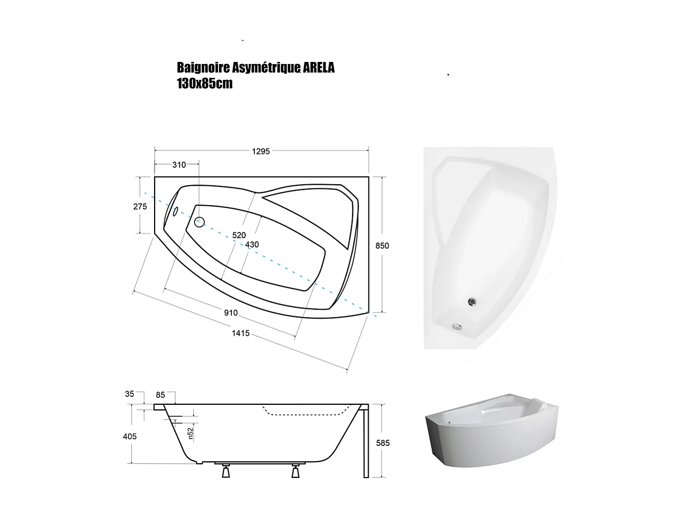 Baignoire Asymétrique avec Tablier Noir - 130 x 85 cm - ARELA - DROITE - avec Repose Tête OFFERT