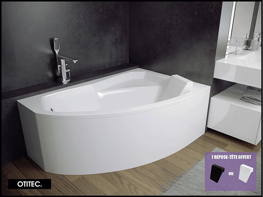 Baignoire Asymétrique avec Tablier - 150 x 95 cm - ARELA - DROITE - avec Repose Tête OFFERT