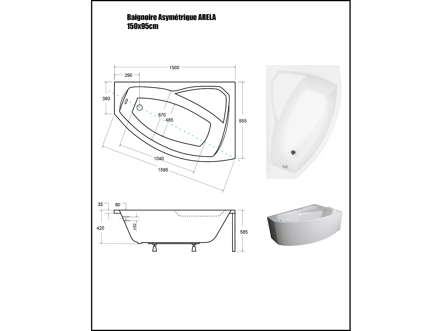 Baignoire Asymétrique avec Tablier - 150 x 95 cm - ARELA - DROITE - avec Repose Tête OFFERT
